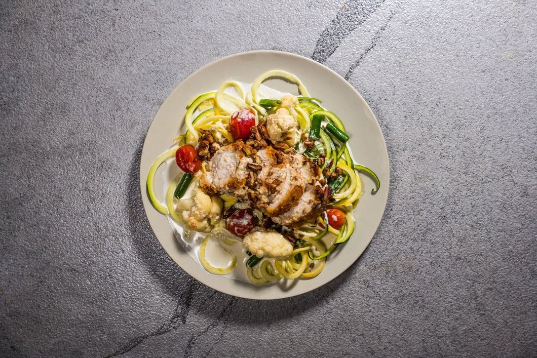 Pecan-Crusted Chicken with Zucchini Noodles (Keto)