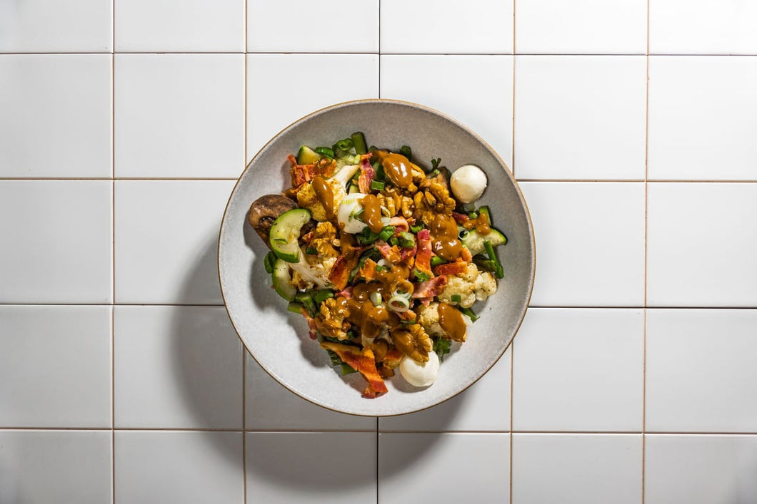 Cheesy Bacon and Vegetable Bowl with Balsamic Dressing (Keto)